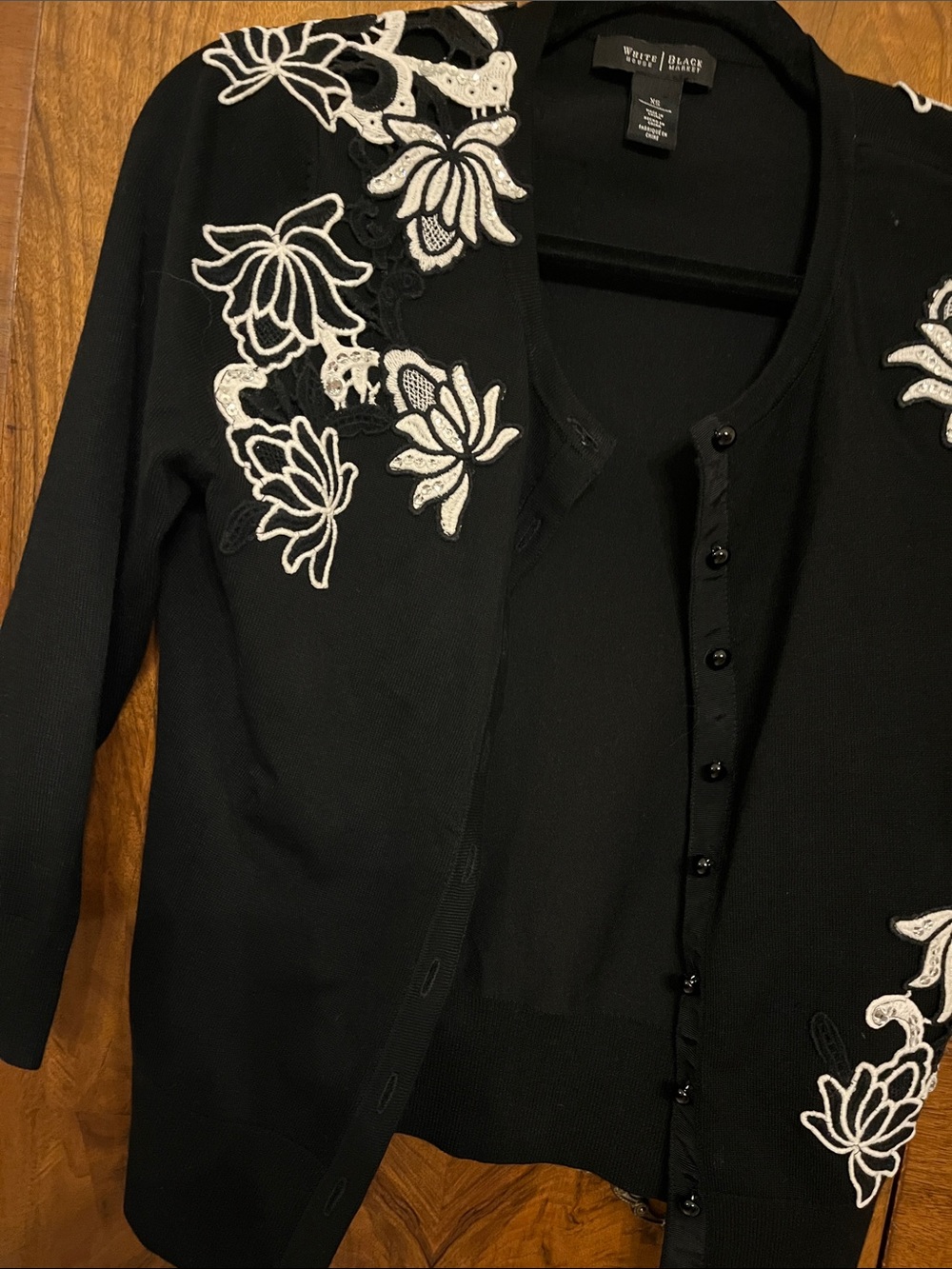 White House Black Market Black Cardigan with White/Silver Embroidery Size XS - Picture 6 of 11